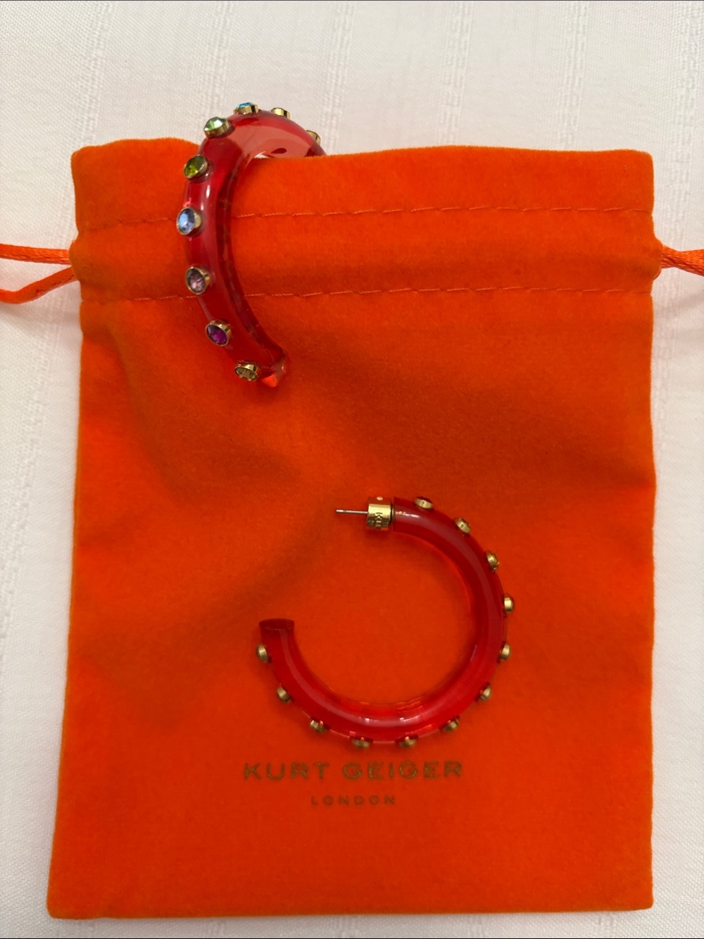 Kurt Geiger Red Hoop Earrings with Multicolor Crystal Studs